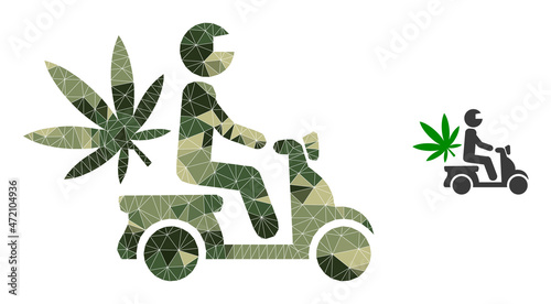 Camouflage lowpoly collage marijuana motorbike delivery icon. Lowpoly marijuana motorbike delivery icon is combined of chaotic camouflage filled triangle parts.