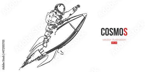 Astronaut on a rocket on the white background of the moon and space. Vector illustration