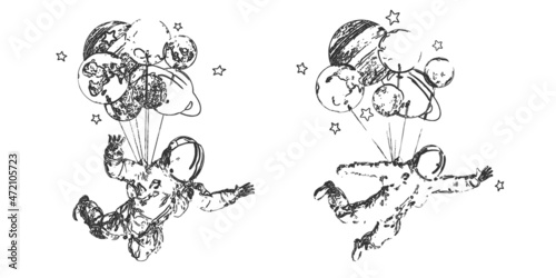 Astronaut with balloons and planets on the white background. Vector illustration