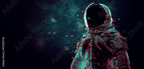 Glitch astronaut on the background of the moon and space. Digital pixel noise abstract design. Vector illustration
