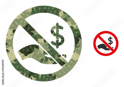 Camouflage low-poly collage forbid dollar payment icon. Low-poly forbid dollar payment icon is designed with random khaki color triangles.