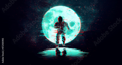 Glitch astronaut on the background of the moon and space. Digital pixel noise abstract design. Vector illustration