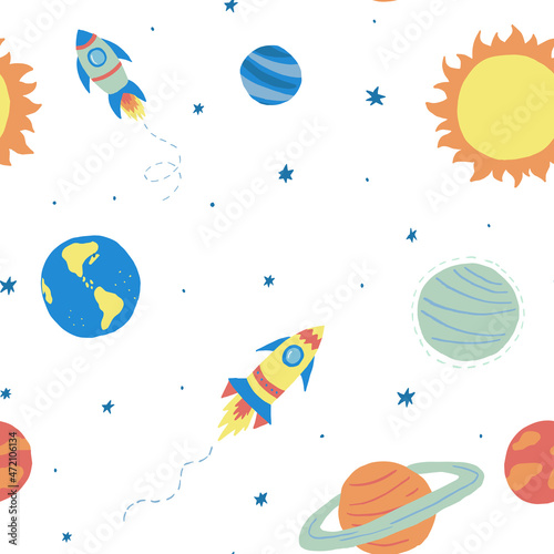 Colorful cosmic vector seamless pattern. Space texture for baby boy stuff design. Cute pattern with hand drawn elements for covers, wall paper, wrapping paper, fabric and other child designs