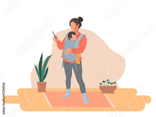 Vector illustration, modern mother with baby in carrier with phone in hand. Modern maternity concept, mom talking on phone, online shopping, chatting