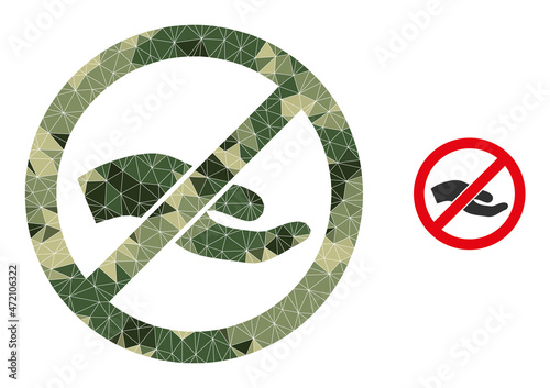 Camouflage triangle collage forbid asking hand icon. Low-poly forbid asking hand pictogram is designed with randomized camouflage color triangle parts.