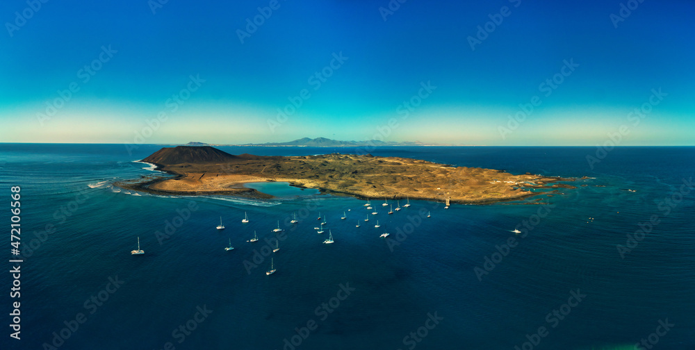 Panoramic aerial view of Isla de Lobos island Fuerteventura