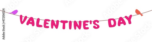 Valentine's Day hanging letters garland with birds, vector isolated on white background, for Valentine's Day