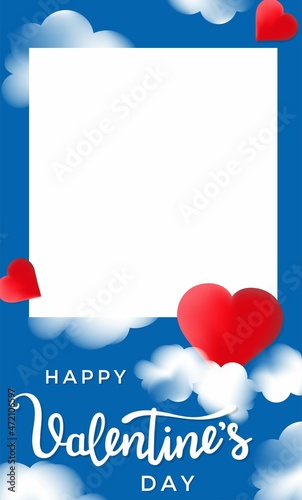 Happy Valentine's day photo booth prop with red hearts and clouds. Happy Valentine's day cute photo frame. Trendy Concept for decoration, selfie or party, 14 February typography vector illustration