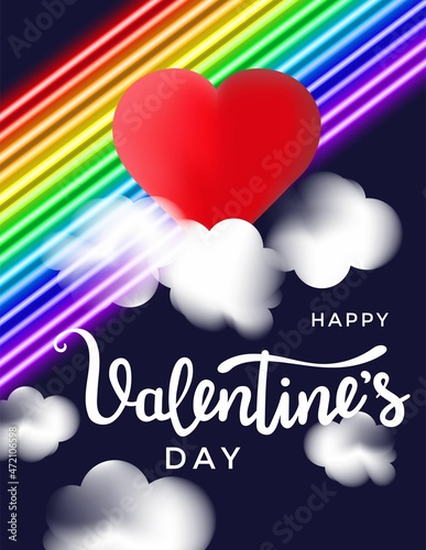 LGBT Valentine s day background with red hearts  clouds and neon flag colors. Colorful design for greeting card  banner  poster  invitation business  party etc. Vector illustration