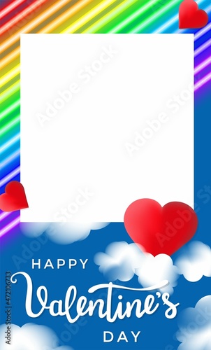 LGBT Valentine's day photo booth prop with neon flag colors, red hearts and clouds. Happy Valentine's day photo frame Concept for decoration, selfie or party, 14 February rainbow vector illustration