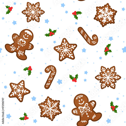 Pattern with Gingerbread cookie on a white background. Vector cartoon chertmas biscuit background. Flat design. Icons isolated.