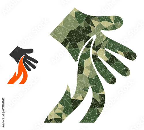 Camouflage triangle collage burn hand icon. Low-poly burn hand icon combined from scattered camouflage filled triangle parts. Vector burn hand icon created in camouflage army style.