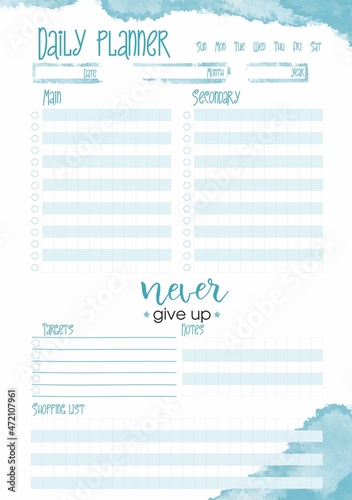 Daily planner printable template Vector. Blank white notebook page A5. Business organizer schedule page for a day for effective planning. Paper sheet. Vector illustration design