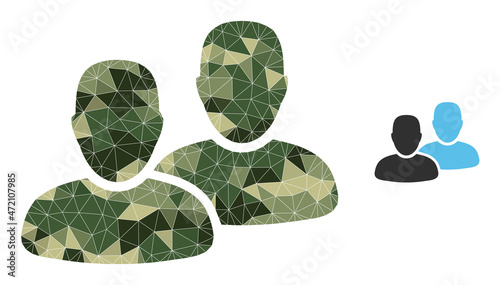 Camouflage low-poly mosaic clients icon. Low-poly clients icon constructed of random camouflage colored triangle parts. Vector clients pictogram designed in camo military style.