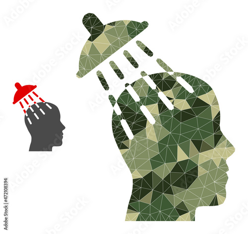 Camouflage lowpoly collage brainwashing icon. Lowpoly brainwashing icon is constructed from random khaki color triangles. Vector brainwashing icon in khaki army style.