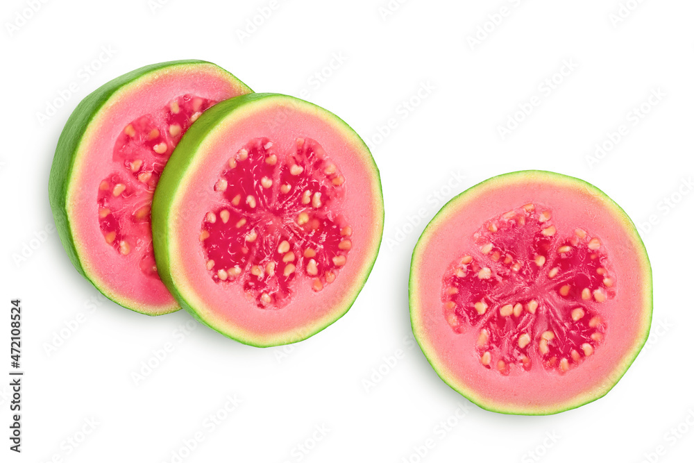 Guava fruit slices isolated on white background with clipping path and full depth of field. Top view. Flat lay