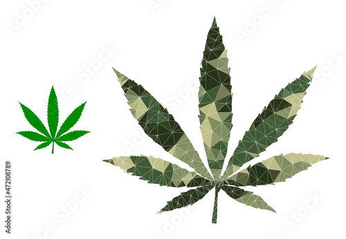 Camouflage low-poly collage cannabis icon. Low-poly cannabis pictogram is combined of chaotic khaki color triangles. Vector cannabis pictogram designed in khaki army style.