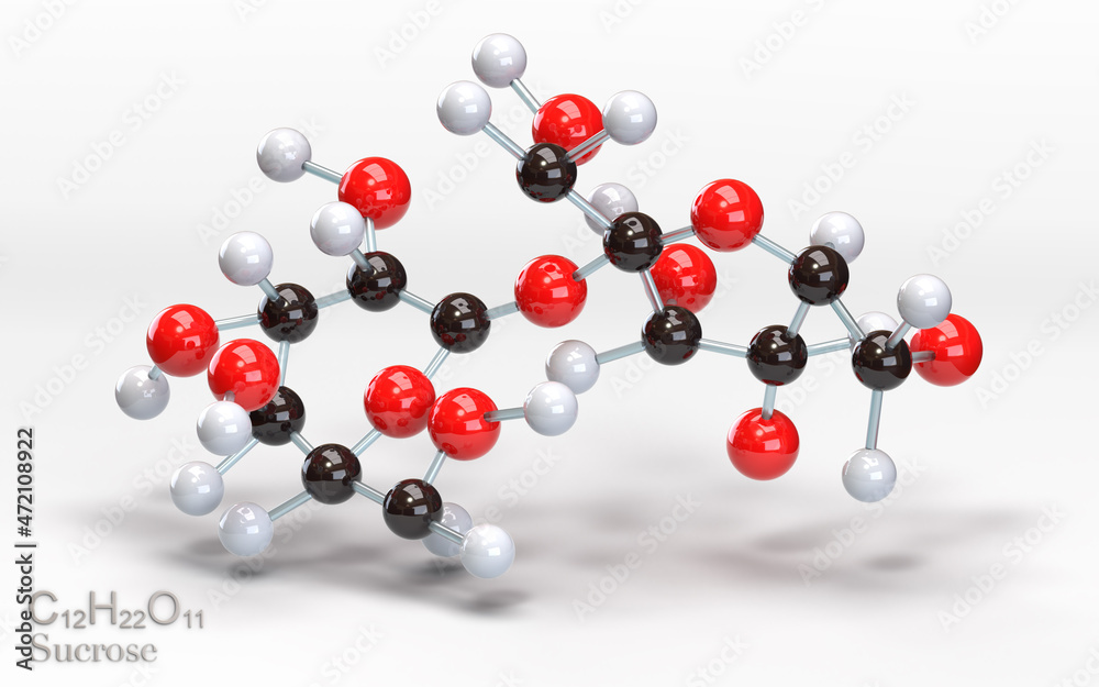 C12H22O11 Sucrose. Molecule with carbon, hydrogen and oxygen atoms. 3d rendering