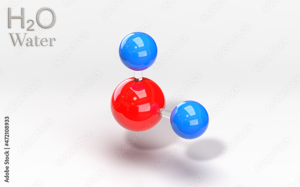 H2O. Water molecule with hydrogen and oxygen atoms. 3d rendering H2O. Water molecule with hydrogen and oxygen atoms. 3d rendering