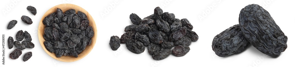 Black raisin isolated on white background with clipping path. Top view. Flat lay, Set or collection Black raisin isolated on white background with clipping path. Top view. Flat lay, Set or collection