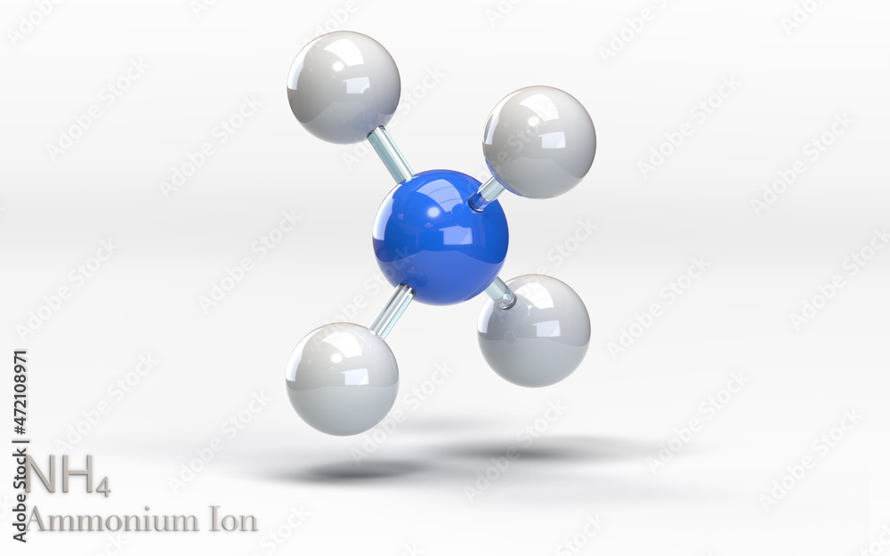 NH4 Ammonium ion. Molecule with hydrogen, hydrogen and nitrogen atoms. 3d rendering NH4 Ammonium ion. Molecule with hydrogen, hydrogen and nitrogen atoms. 3d rendering