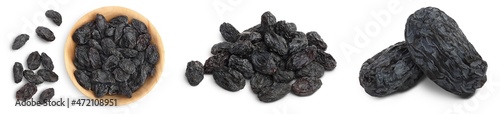 Black raisin isolated on white background with clipping path. Top view. Flat lay, Set or collection