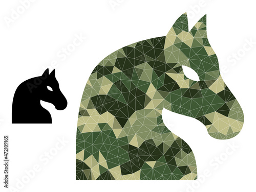 Camouflage low-poly mosaic chess horse icon. Low-poly chess horse pictogram constructed from scattered camo color triangle parts. Vector chess horse pictogram designed in camo army style.
