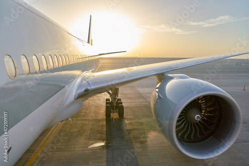 Close up shot of aircraft wing with engine
