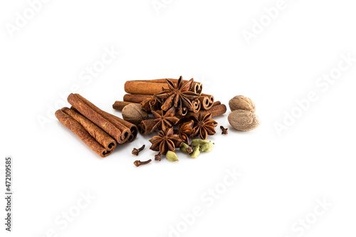 Wallpaper Mural Natural spices. cinnamon sticks, nutmeg and anise stars with cloves on a white background Torontodigital.ca