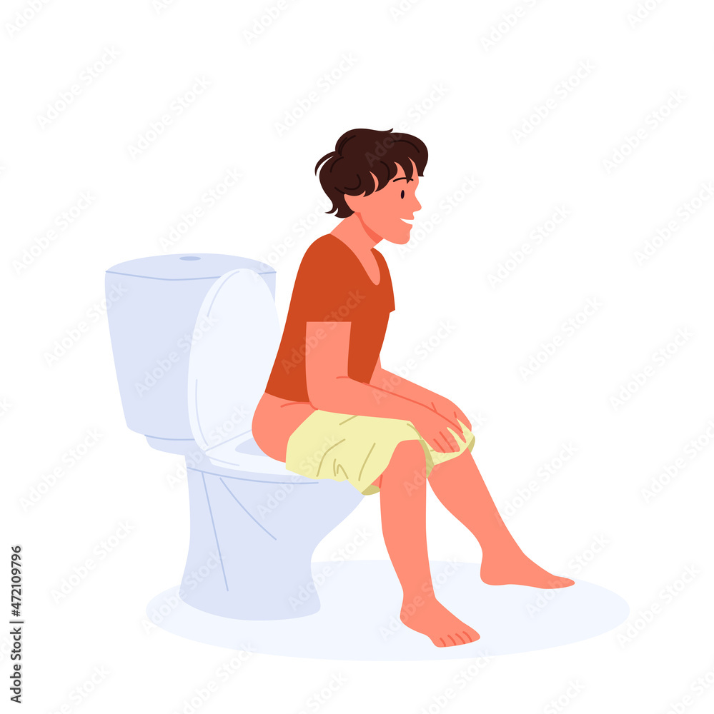 Fototapeta premium Young man sitting on toilet bowl vector illustration. Cartoon guy with smile on face pooping in lavatory, WC or restroom isolated on white. Morning or evening daily routine at home, hygiene concept