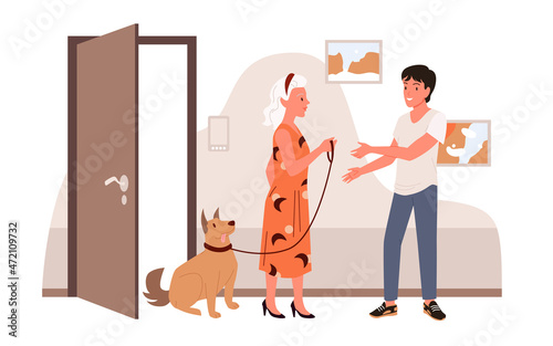 Professional dog walker service vector illustration. Cartoon woman pet owner holding out dog leash to young man worker, standing at door of house. Domestic animal daycare, dog sitter, training concept