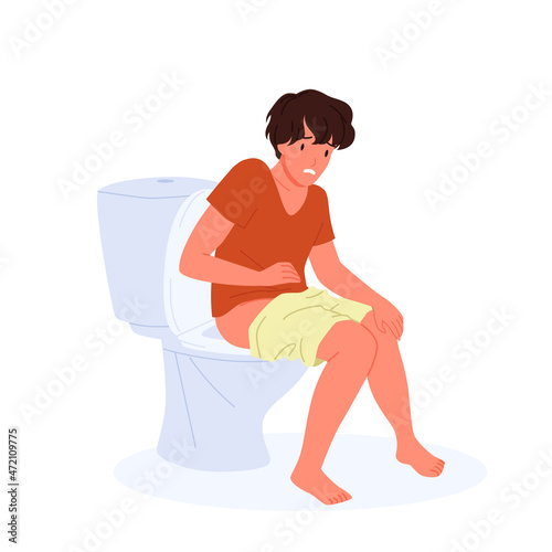 Sad man with stomach pain or diarrhea sitting on toilet bowl vector illustration. Cartoon constipated sick guy with ache symptoms isolated on white. Digestive and bowel problems, medicine concept