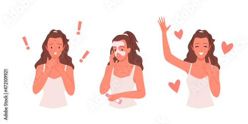 Girl with acne trouble before and after treatment vector illustration. Cartoon young woman using cosmetic facial cream or lotion to treat pimples, scars isolated on white. Medicine, beauty concept