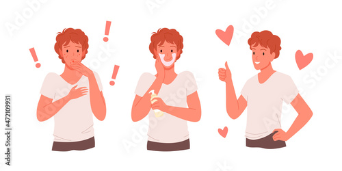 Young man with acne medical problem vector illustration. Cartoon guy before and after treatment of pimples and scars on face, person using cream or lotion isolated on white. Medicine, beauty concept