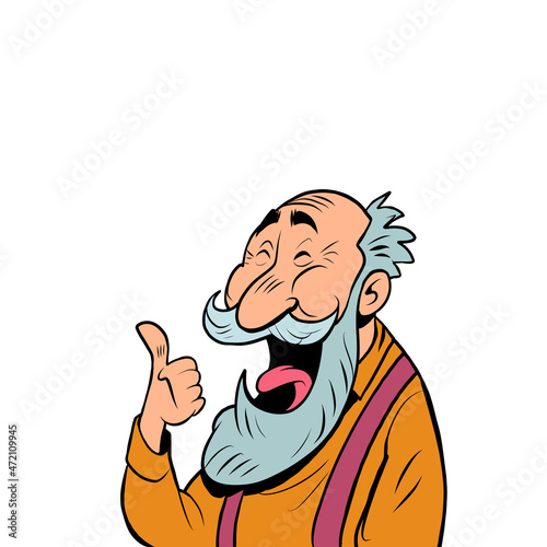 an old man with a gray beard laughs. Positive elderly senor