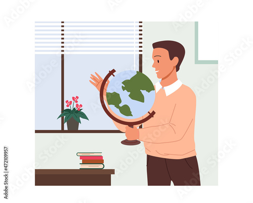 Man teacher holding globe in hands vector illustration. Cartoon male teacher standing near window in classroom interior on geography lesson, teaching natural science. Education, back to school concept