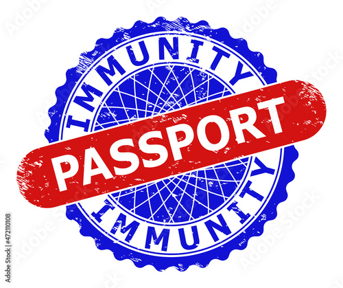 Bicolor IMMUNITY PASSPORT seal stamp. Blue and red IMMUNITY PASSPORT watermark with rosette and rounded rectangle. Rounded rectangle framed IMMUNITY PASSPORT seal in red, blue colors,