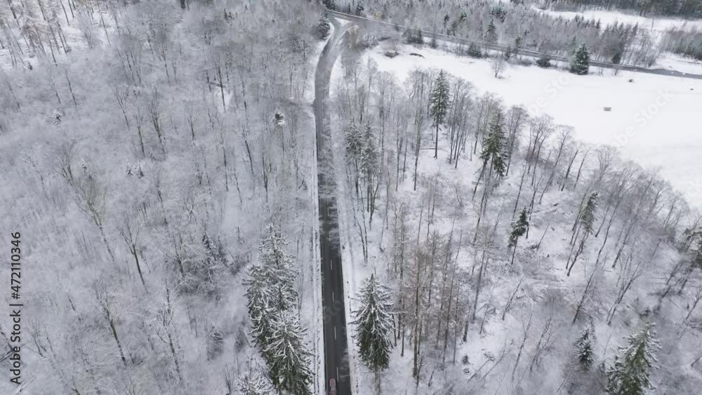 Road through wintery forest - aerial view, drone point of view