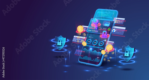 Smart wallet concept with credit or debit card payment application on smartphone screen. A neon key and lock hovers over the phone. The concept of mobile phone and personal data protection. Vector photo