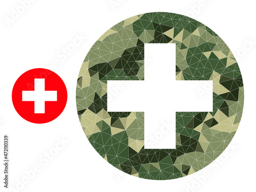 Camouflage polygonal collage medical aid icon. Lowpoly medical aid icon designed of chaotic khaki colored triangles. Vector medical aid icon designed in khaki army style.