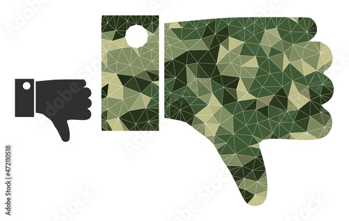 Camouflage low-poly collage thumb down icon. Low-poly thumb down pictogram is designed of random khaki filled triangles. Vector thumb down icon created in camo military style.