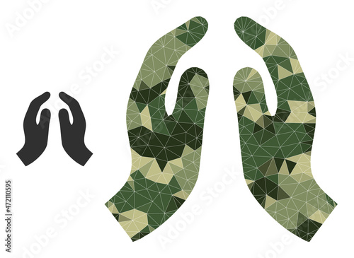 Camouflage low-poly collage pray hands icon. Low-poly pray hands icon designed with chaotic camo filled triangle parts. Vector pray hands icon in camo military style.