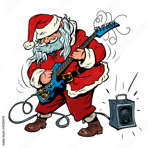 Santa Claus is a musician playing an electric guitar with a speaker. Christmas and New Year winter holidays