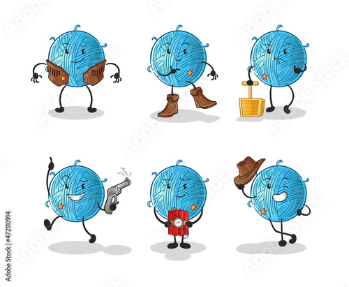 yarn ball cowboy group character. cartoon mascot vector