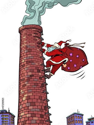 Santa Claus climbs the factory big pipe. Christmas and New Year. Winter seasonal holiday