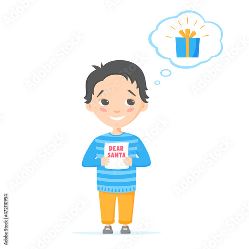 Boy wishing and dreaming about gift on Christmas. Kid writing letter to Santa Claus and asking for present. Child waiting for winter holidays. Christmas gifts. Flat design, vector illustration