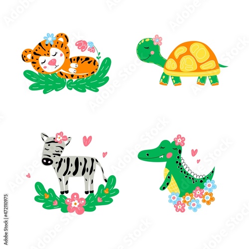 Set of cute wild animals with flowers. Vector kids illustration