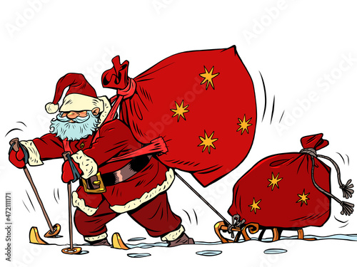 Santa Claus is skiing in the snow with a sled and gifts. Christmas and New Year. Winter seasonal holiday
