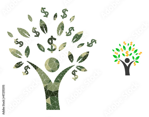 Camouflage triangulated collage money tree man icon. Low-poly money tree man icon is constructed of chaotic camouflage filled triangles. Vector money tree man icon in camouflage military style.