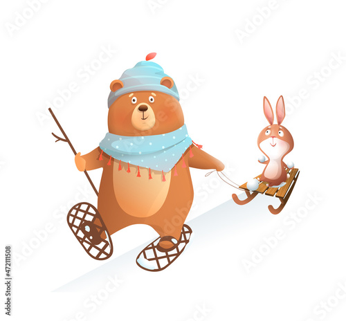 Bear skiing or walking in snowshoes in winter snow, pulling sledge with bunny, wearing winter clothes. Animal characters for kids playing winter games. Vector sticker clipart illustration.